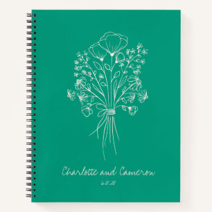 Boho Flower Line Art Personalized Wedding Emerald Notebook