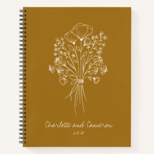 Boho Flower Line Art Personalized Wedding Mustard Notebook