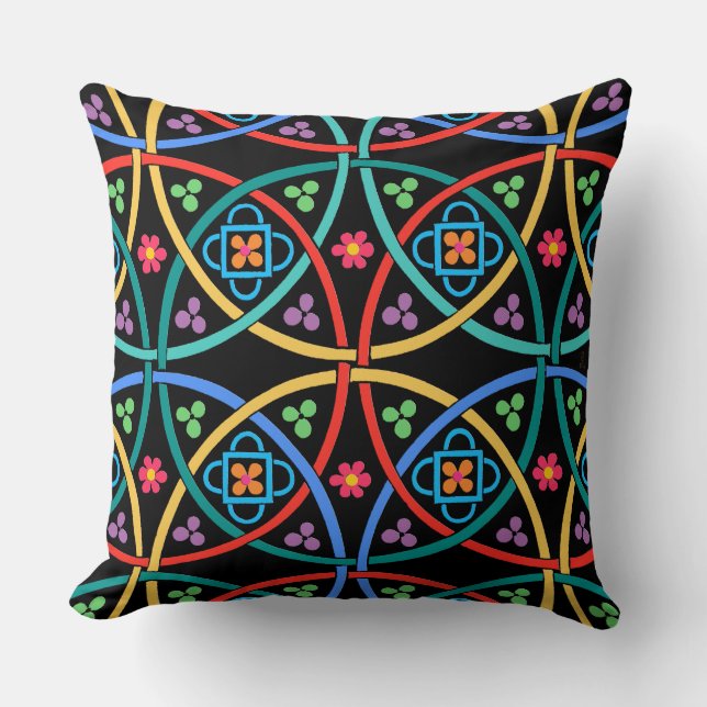 Boho Flower Power on Black Throw Pillow (Front)