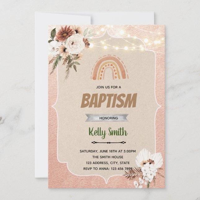 Boho flower rainbow baptism invitation (Front)