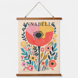 Boho Flower Scandinavian Illustration First Name Hanging Tapestry