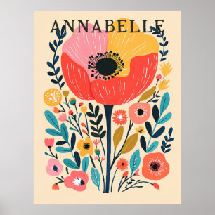 Boho Flower Scandinavian Illustration First Name Poster