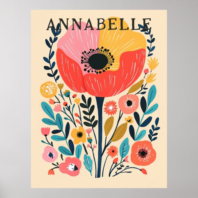 Boho Flower Scandinavian Illustration First Name Poster (Front)