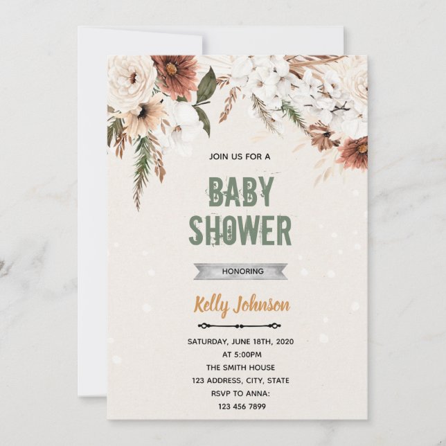 Boho flower shower theme invitation (Front)