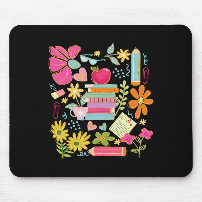 Boho Flower Teacher Book Apple Pencil Funny Back T Mouse Pad (Front)