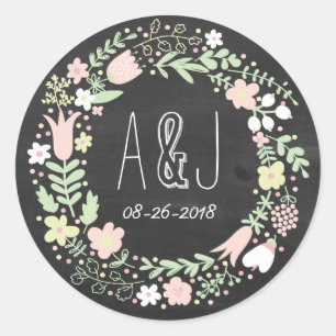 Boho Flower Wreath Rustic Chalkboard Wedding Classic Round Sticker