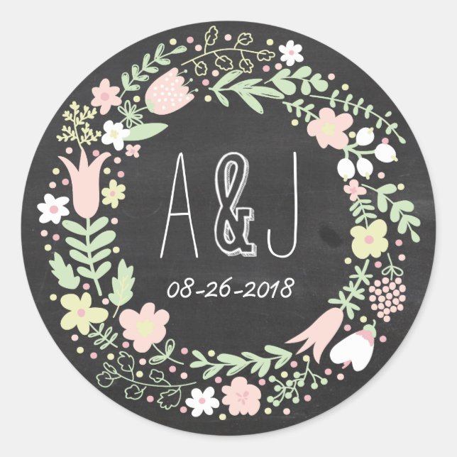 Boho Flower Wreath Rustic Chalkboard Wedding Classic Round Sticker (Front)