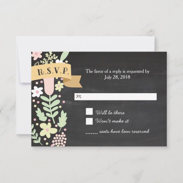 Boho Flower Wreath Rustic Chalkboard Wedding RSVP Card (Front)