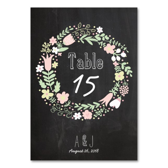Boho Flower Wreath Rustic Chalkboard Wedding Table Number (Front)