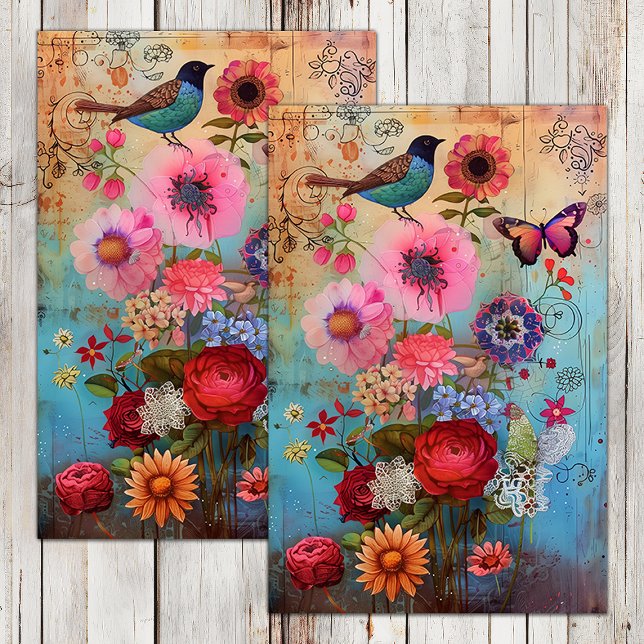 BOHO FLOWERS AND BIRD DECOUPAGE TISSUE PAPER (BOHO FLOWERS AND BIRD DECOUPAGE TISSUE PAPER)