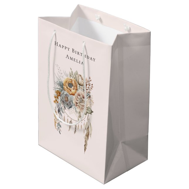 Boho Flowers and Dreamcatcher - Birthday Medium Gift Bag (Back Angled)