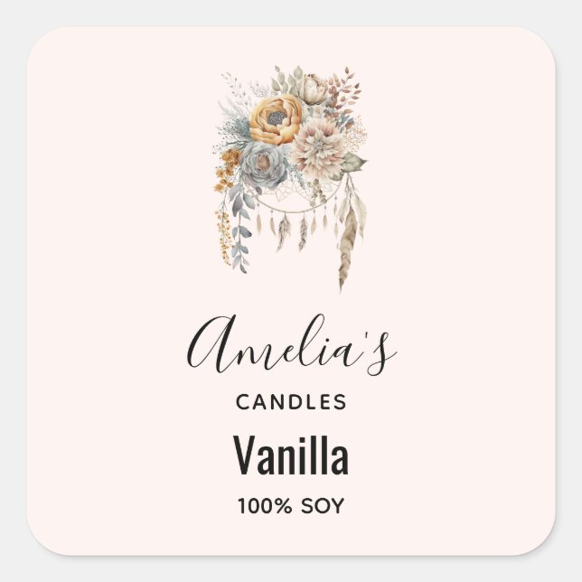 Boho Flowers and Dreamcatcher - Candle Business Square Sticker (Front)