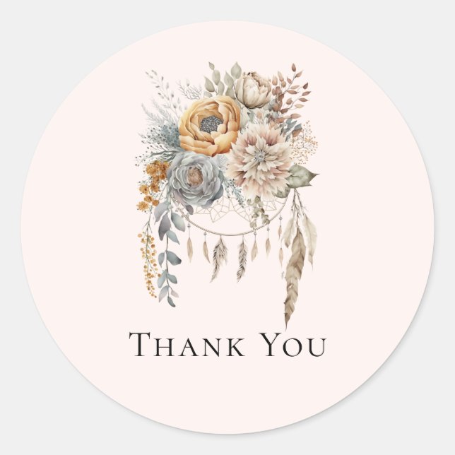 Boho Flowers and Dreamcatcher - Thank You Classic Round Sticker (Front)