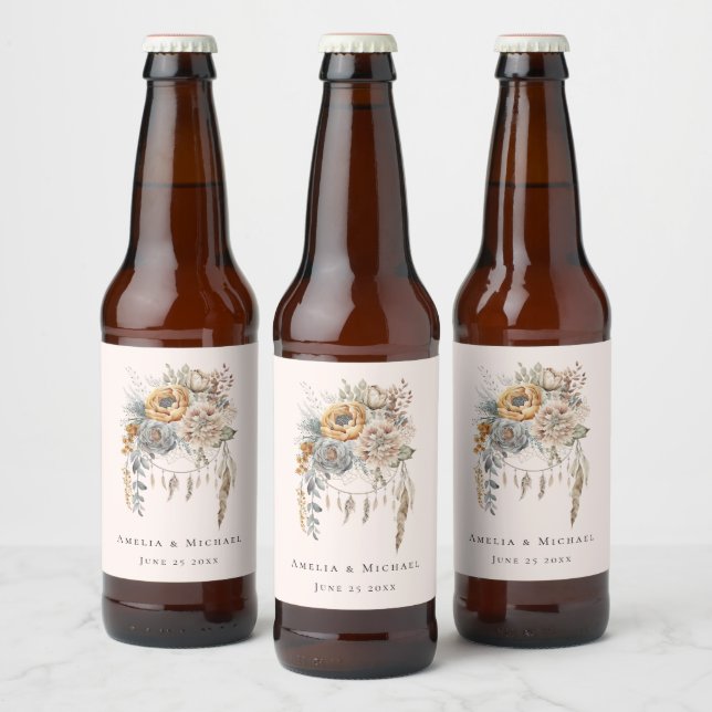 Boho Flowers and Dreamcatcher - Wedding Beer Bottle Label (Bottles)