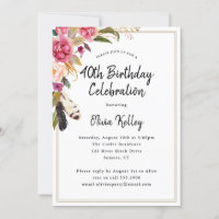 Boho Flowers and Feathers Rustic 40th Birthday