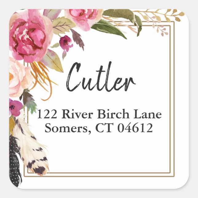 Boho Flowers and Feathers Rustic Address Label (Front)