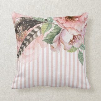 Boho Flowers and Feathers Throw Pillow