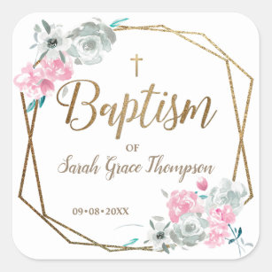 Boho flowers Baby girl name gold cross baptism Square Sticker