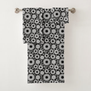 Boho flowers Black and White vector floral pattern Bath Towel Set