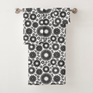 Boho flowers Black and White vector floral pattern Bath Towel Set