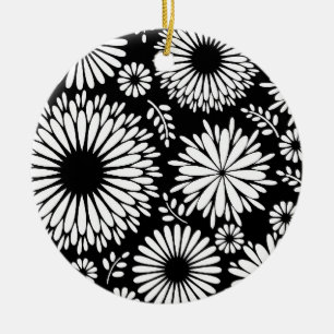 Boho flowers Black and White vector floral pattern Ceramic Ornament