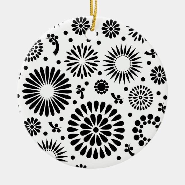 Boho flowers Black and White vector floral pattern Ceramic Ornament (Front)