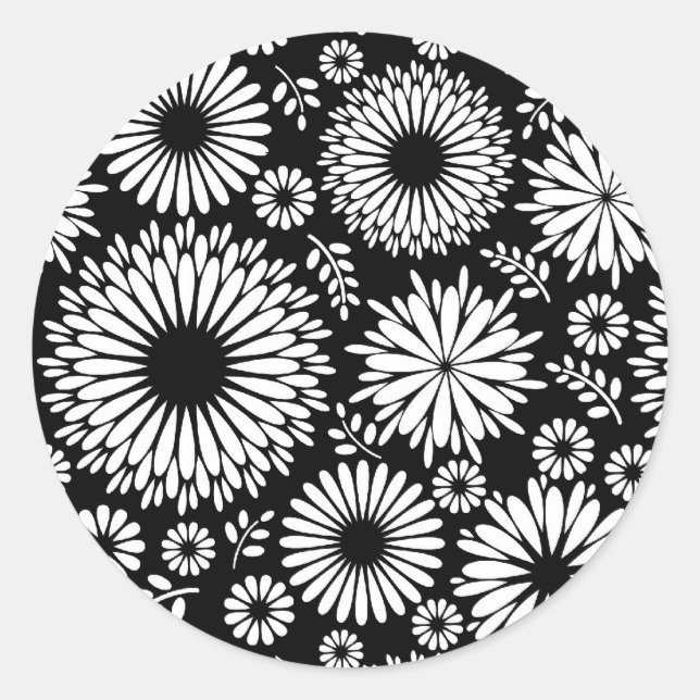 Boho flowers Black and White vector floral pattern Classic Round Sticker (Front)