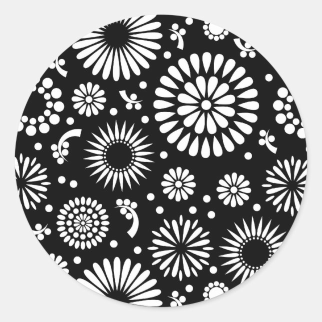 Boho flowers Black and White vector floral pattern Classic Round Sticker (Front)