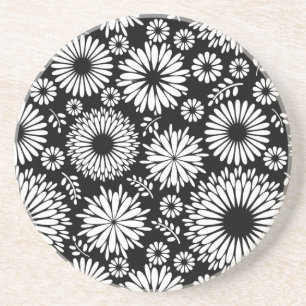Boho flowers Black and White vector floral pattern Coaster