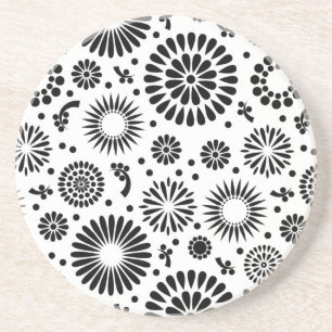 Boho flowers Black and White vector floral pattern Coaster