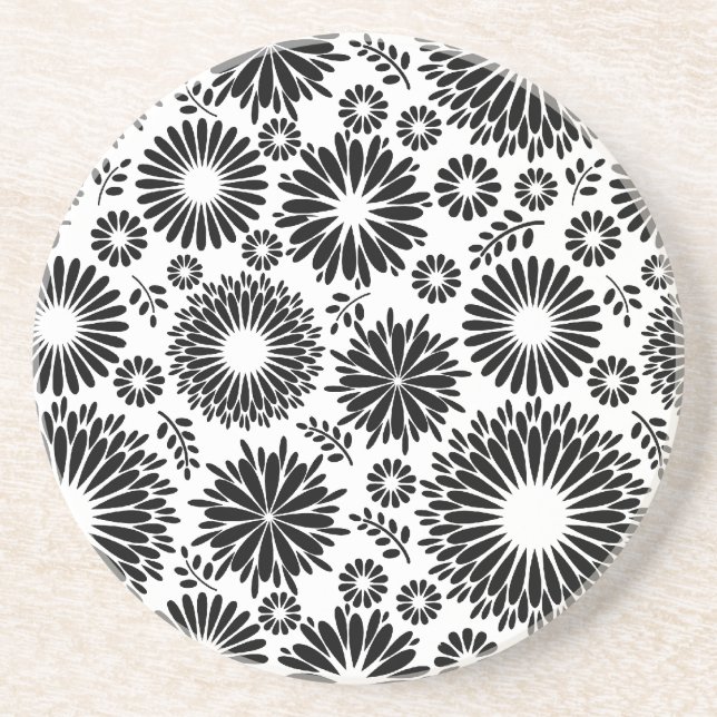 Boho flowers Black and White vector floral pattern Coaster (Front)