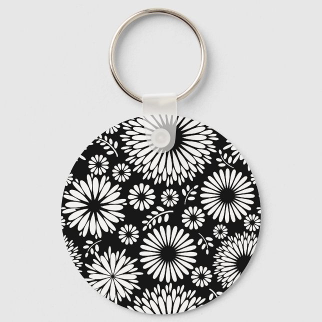 Boho flowers Black and White vector floral pattern Keychain (Front)