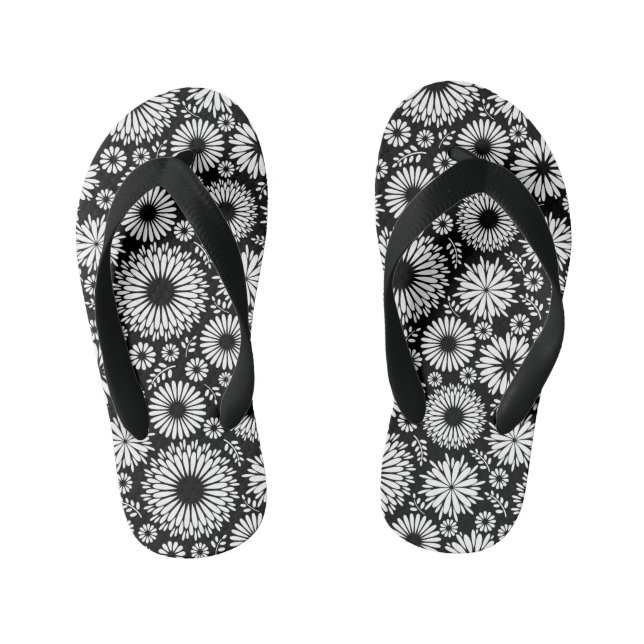 Boho flowers Black and White vector floral pattern Kid's Flip Flops (Footbed)