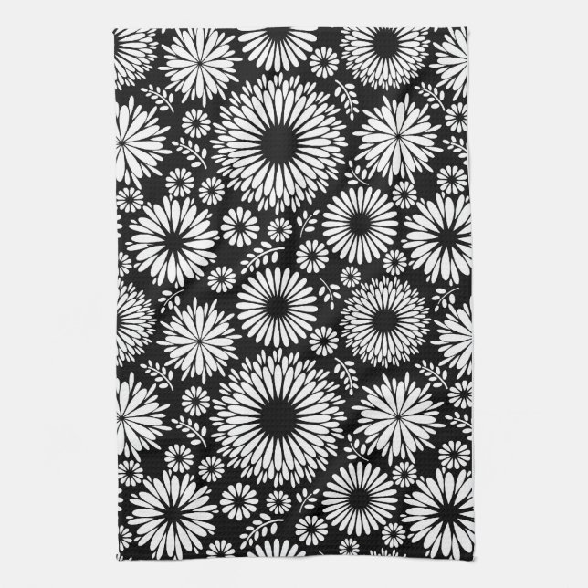 Boho flowers Black and White vector floral pattern Kitchen Towel (Vertical)
