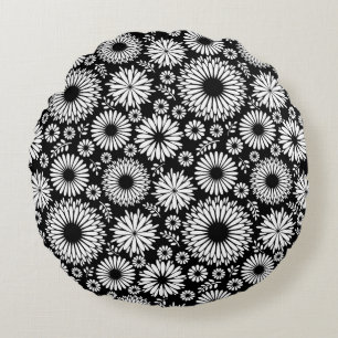 Boho flowers Black and White vector floral pattern Round Pillow