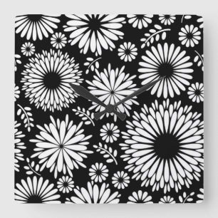Boho flowers Black and White vector floral pattern Square Wall Clock