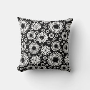 Boho flowers Black and White vector floral pattern Throw Pillow