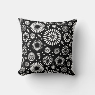 Boho flowers Black and White vector floral pattern Throw Pillow