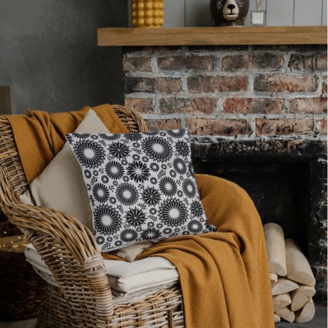 Boho flowers Black and White vector floral pattern Throw Pillow (Creator Uploaded)