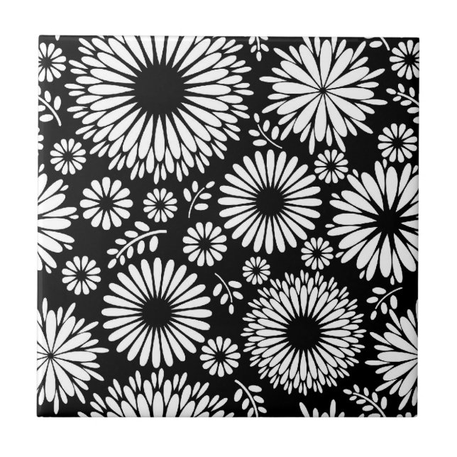 Boho flowers Black and White vector floral pattern Tile (Front)