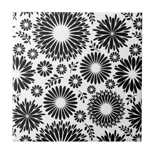 Boho flowers Black and White vector floral pattern Tile (Front)