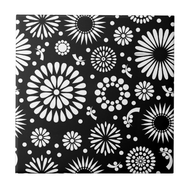 Boho flowers Black and White vector floral pattern Tile (Front)
