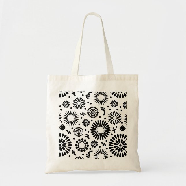 Boho flowers Black and White vector floral pattern Tote Bag (Front)