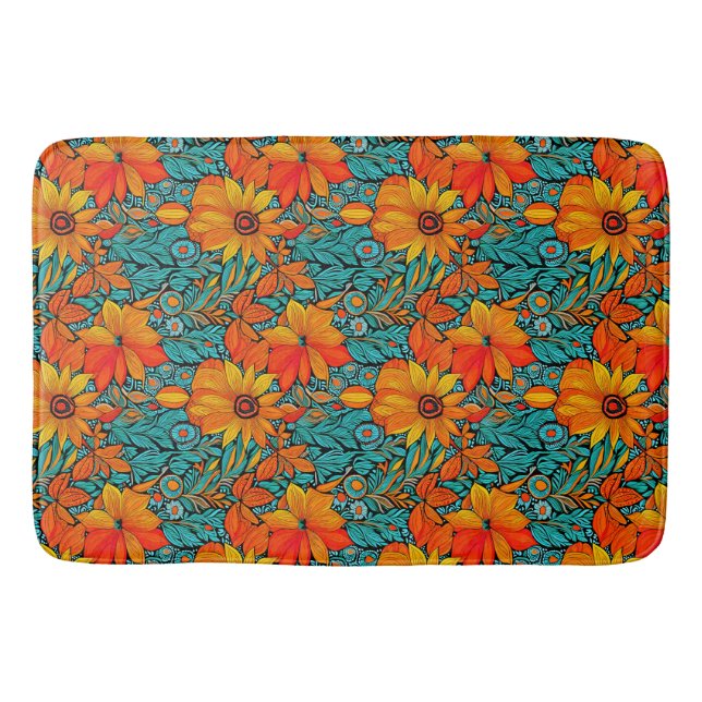 Boho Flowers Blue and Orange  Bath Mat (Front)