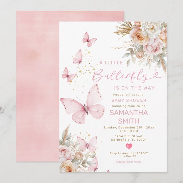 Boho Flowers Butterfly On The Way Baby Shower  Invitation (Front/Back)