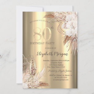 Boho Flowers,Champagne Glass Gold 80th Birthday Invitation
