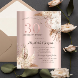 Boho Flowers,Champagne Glass,Rose Gold 30th Invitation