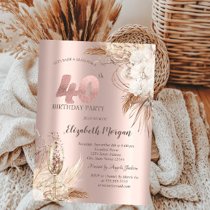 Boho Flowers,Champagne Glass,Rose Gold 40th Invitation