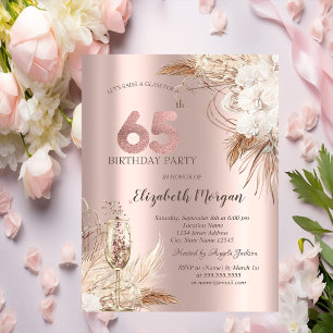 Boho Flowers,Champagne Glass,Rose Gold 65th Invitation