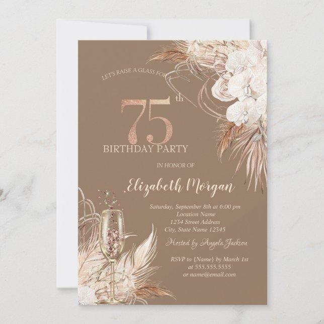Boho Flowers,Champagne Glass,Terracotta 75th Invitation (Front)